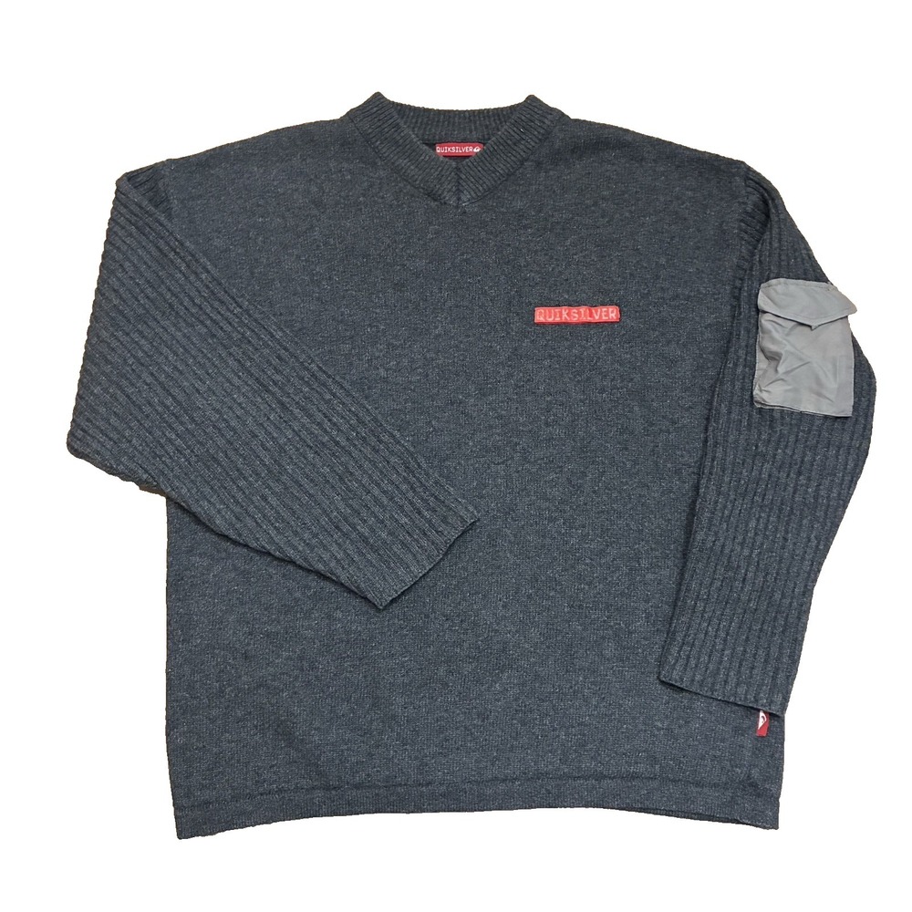 Vtg Y2K 90s Quiksilver Mens Large Wool Sweater Drug Pocket V Neck Knit Pullover